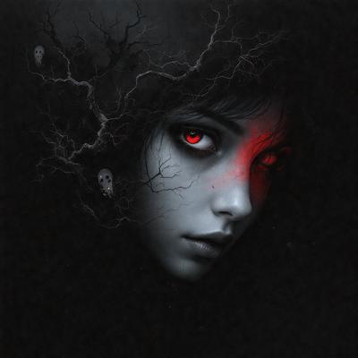 The primary subject of the image is a woman with red eyes, wearing a black dress and surrounded by a dark, moody atmosphere. The setting is a black background, which emphasizes the woman's features and creates a dramatic effect. The visual style is a digital art or illustration, as the woman's eyes are described as "evil" and the overall composition is intriguing and captivating. The colors and mood of the image are predominantly dark, with the woman's red eyes standing out